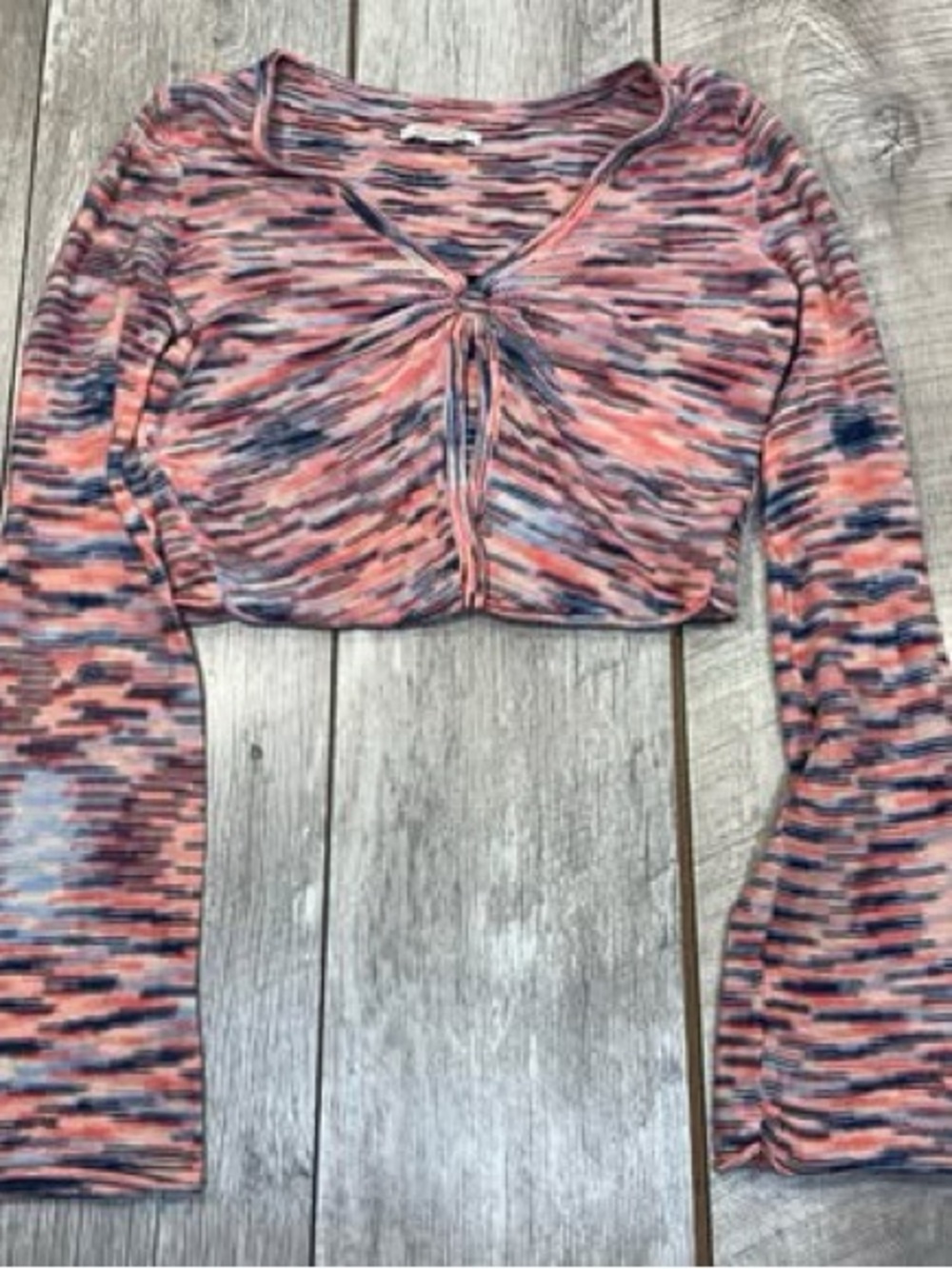 American Eagle Outfitters Pink and Navy Space-Dye Long Sleeve Cropped Twist Top